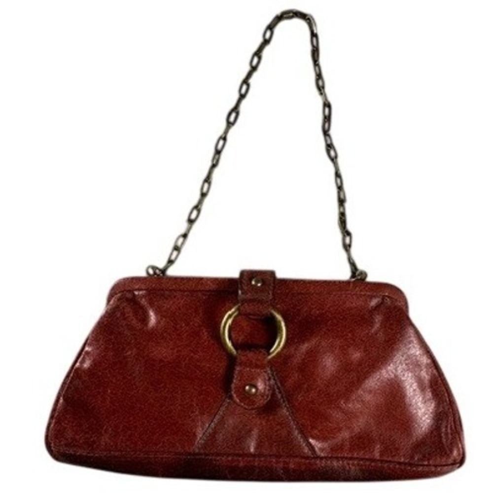 Nine West Clutch Women Small Brown Faux Leather Frame Bag Chain Strap Distressed